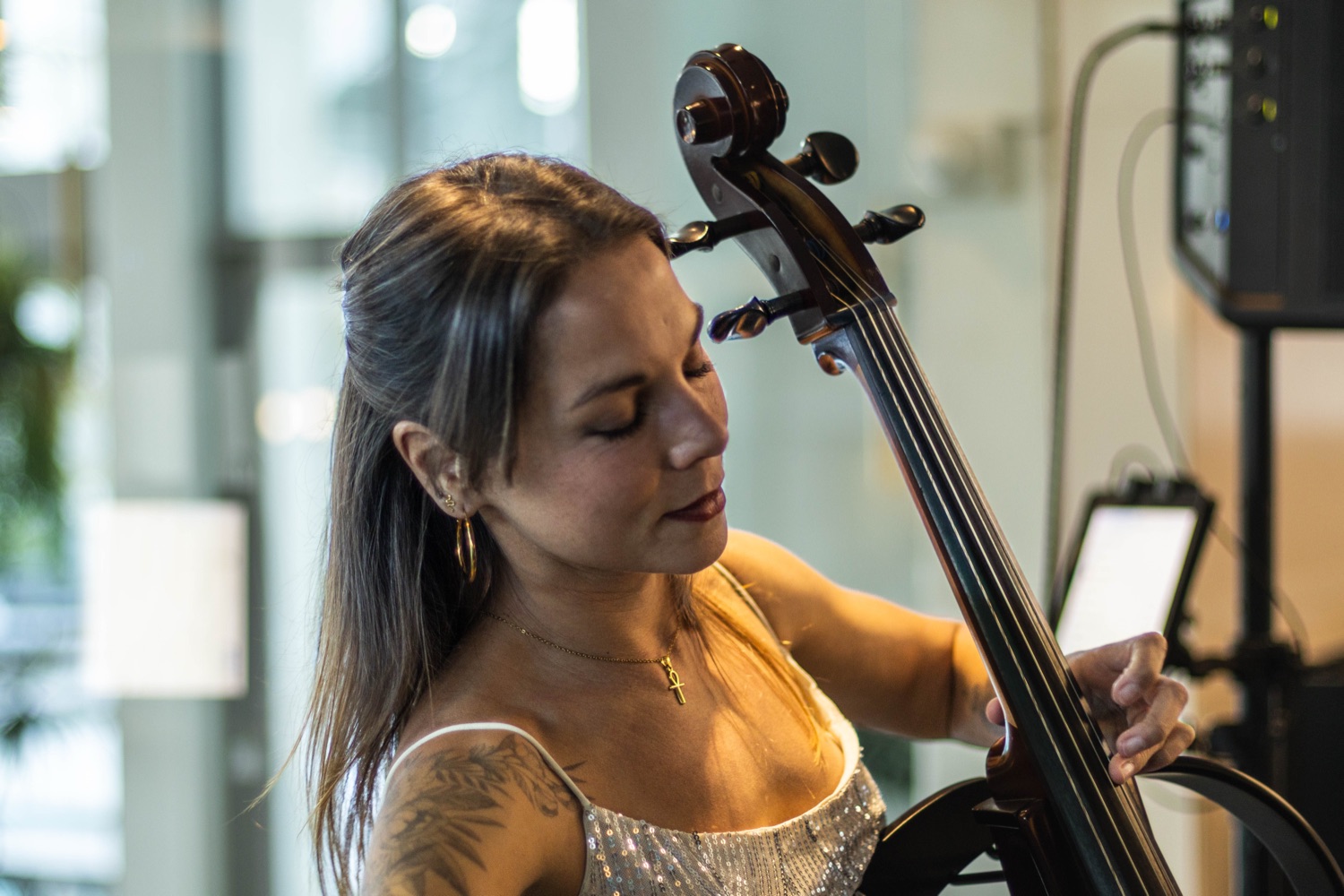 A cellist absorbed in her performance