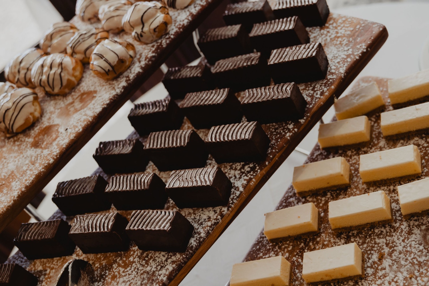 A close-up of the dessert and canapé spread