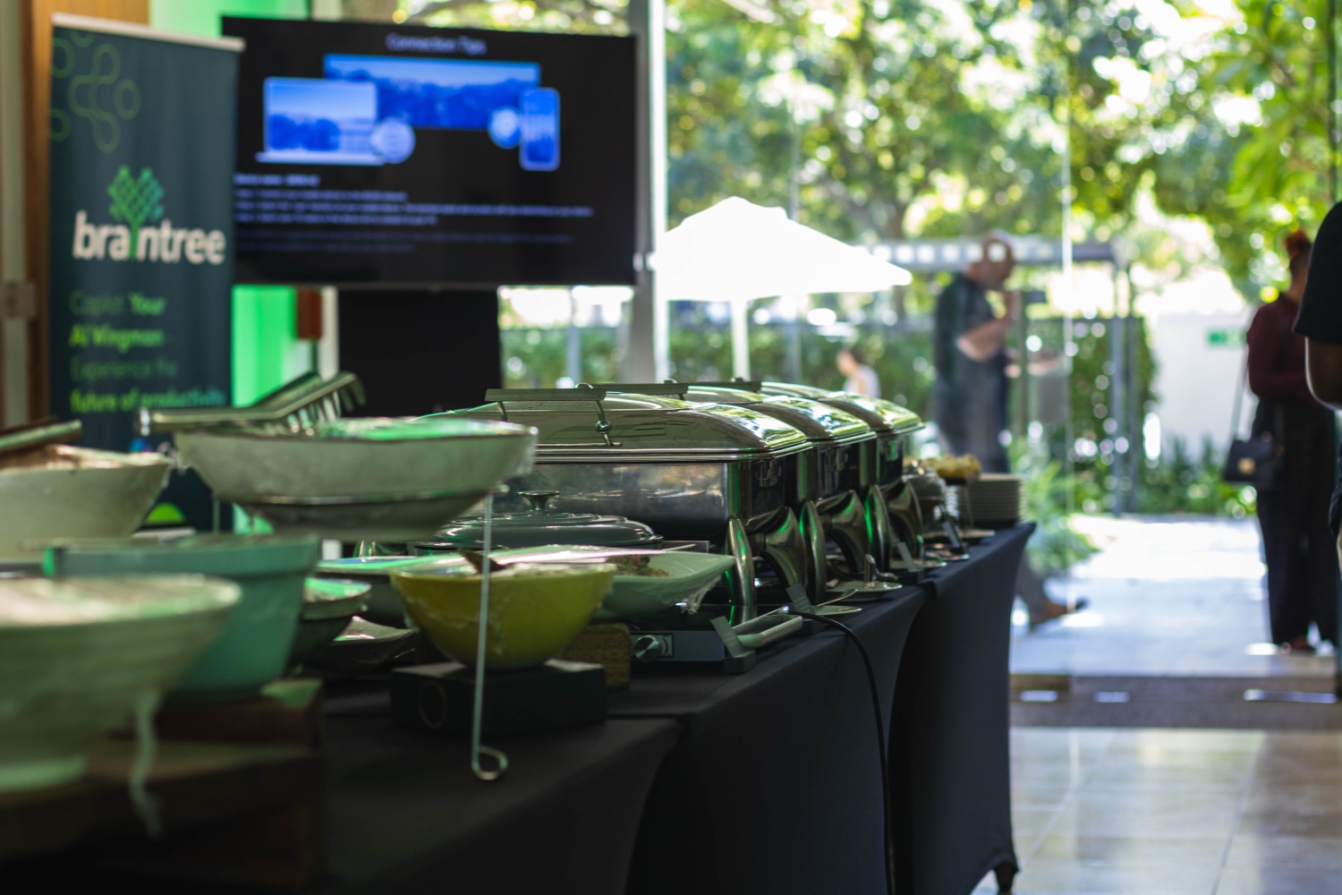 A catering and demo area set up in the venue garden