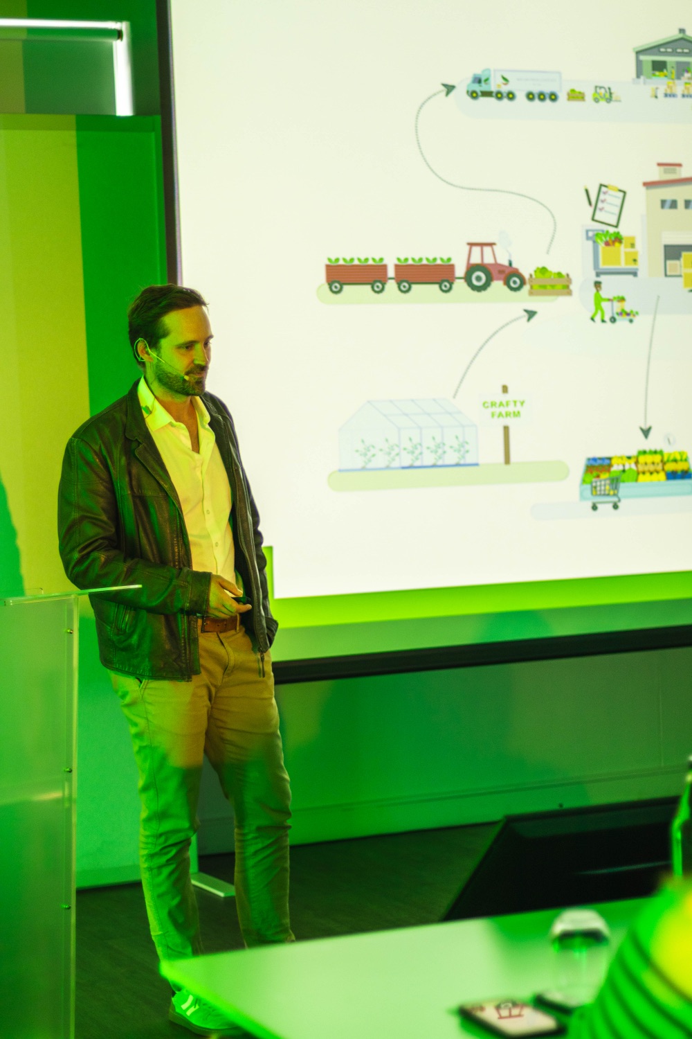 A speaker presents the supply-chain journey slide