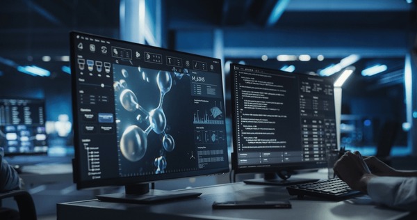 Molecular models and code on dark research screens