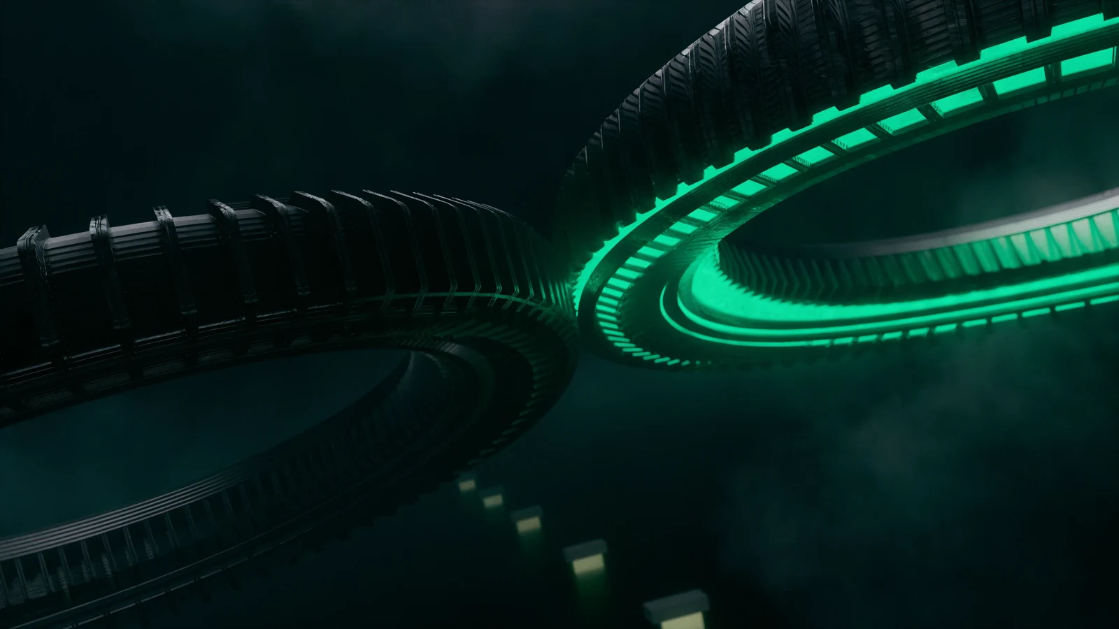 Two interlocking machined ring structures in dark titanium, one going dark as the other lights in jade green, representing a licence changing hands.