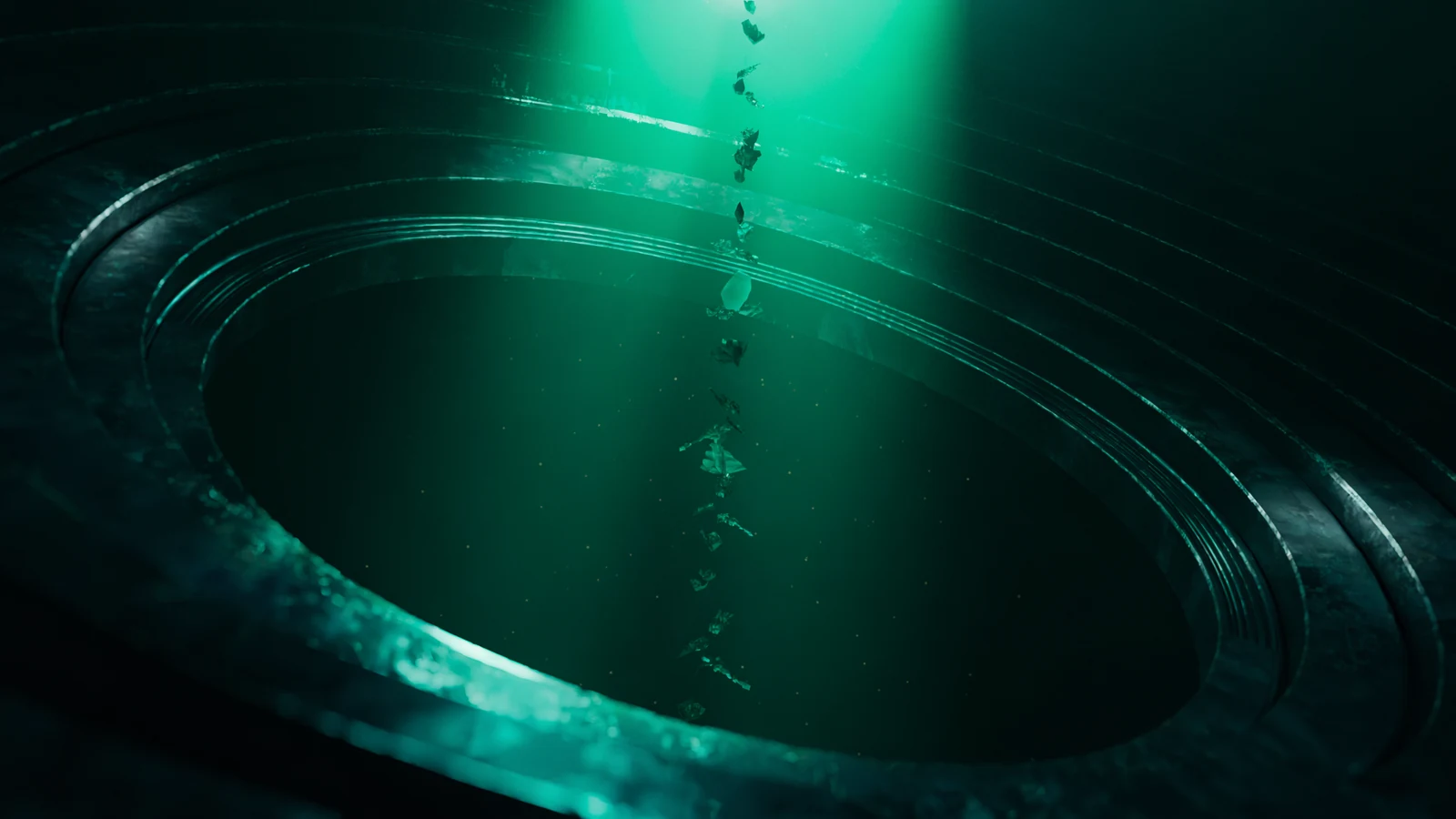 A heavy circular shutter closing around objects suspended in a column of jade light inside a titanium vault, representing a narrowing recovery window.