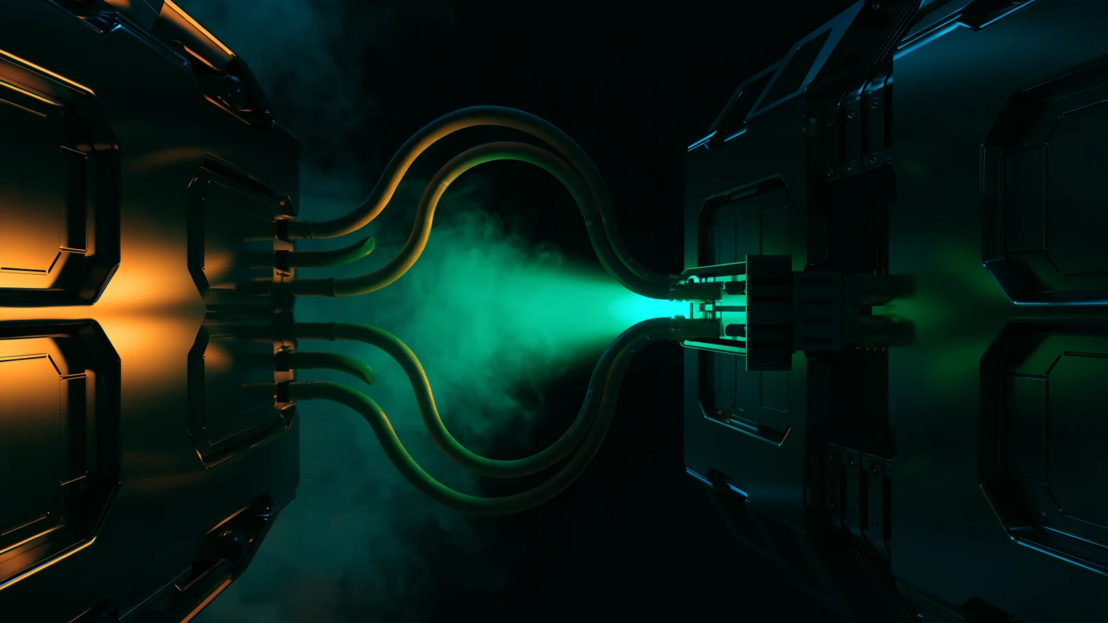 Two mirrored chambers joined by conduits, the far one already connected and quietly lit in jade green, representing a recovery network built before it is needed.