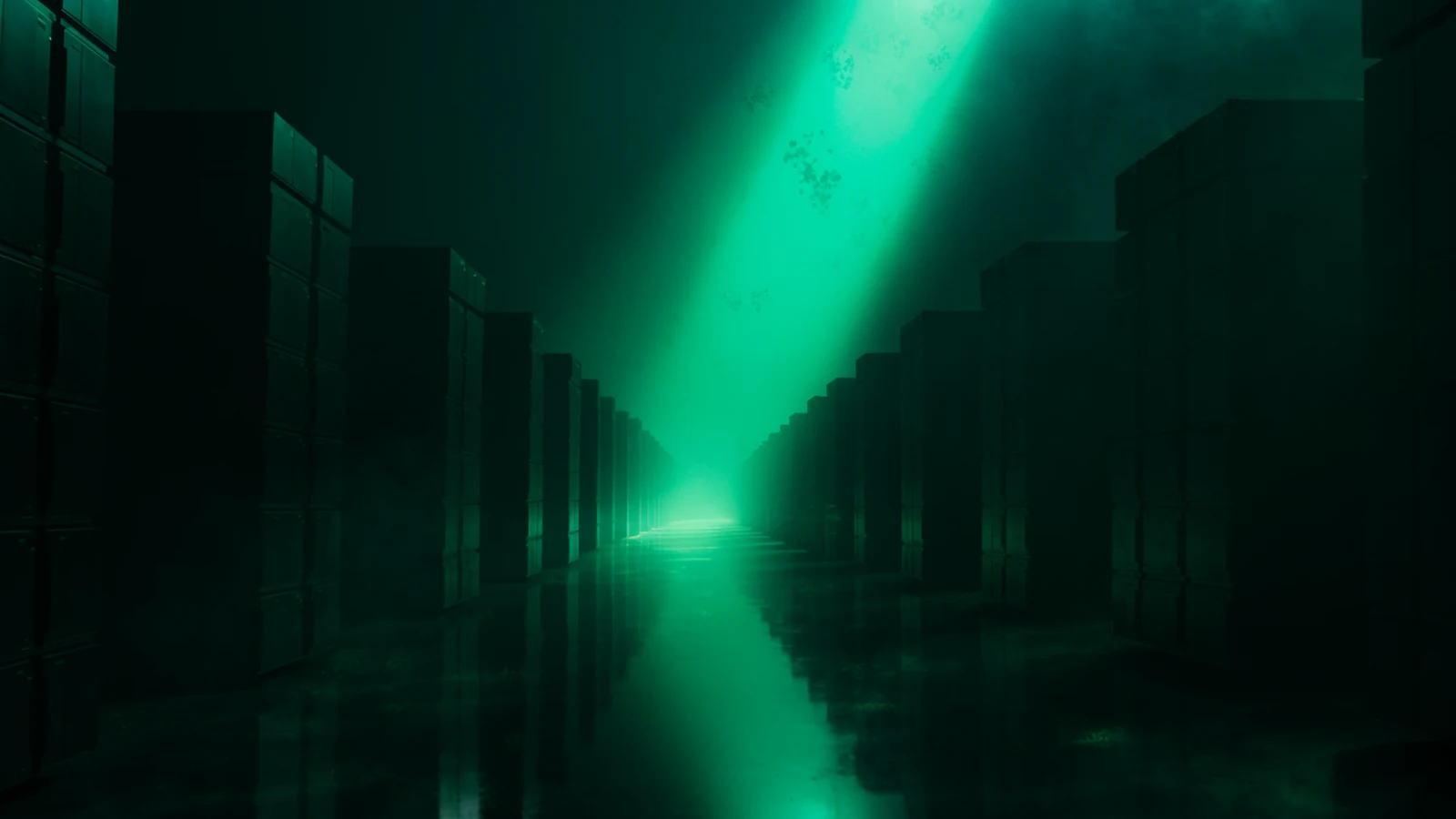 A vast dark archive of storage columns receding into fog, lit by a single narrow shaft of green light falling across a mirrored floor.