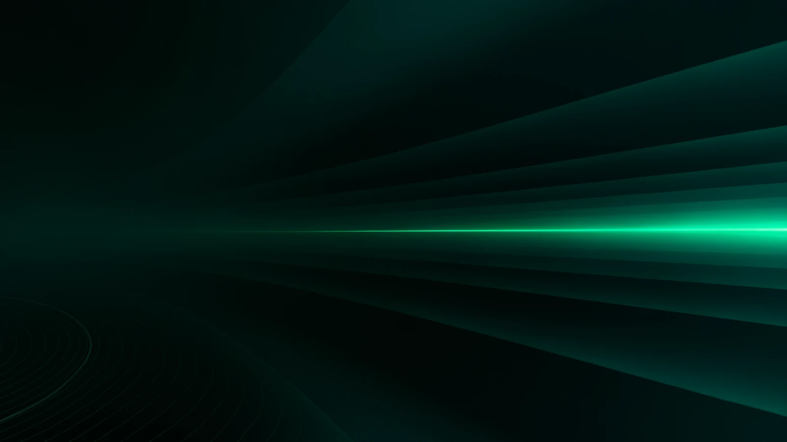 Dark teal strata layered across a deep obsidian field, with a single jade light seam that runs across the middle and stops abruptly at the edge.