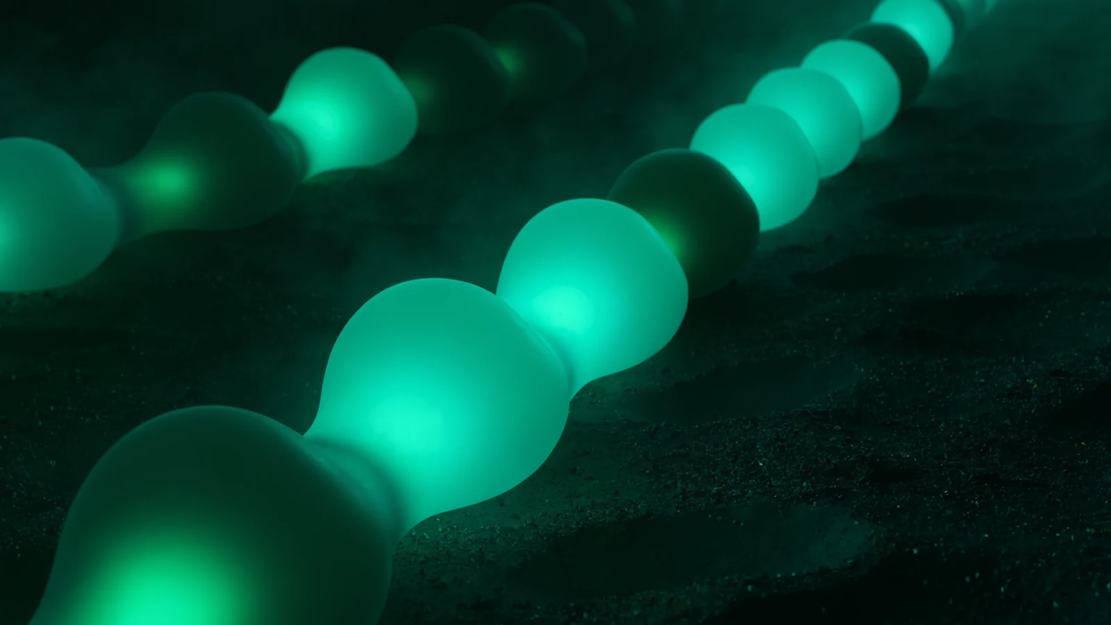A long chain of glowing translucent jade seals stretching into the distance across a dark ground, each link passing its light to the next.