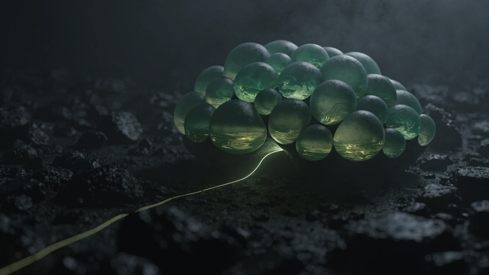 A cluster of translucent jade vessels still glowing full while a thin bright thread of light is drawn away from underneath them into darkness.