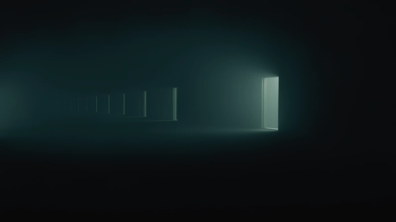 A single lit doorway standing open in a vast obsidian void, with a receding row of identical doorways fading into haze behind it.
