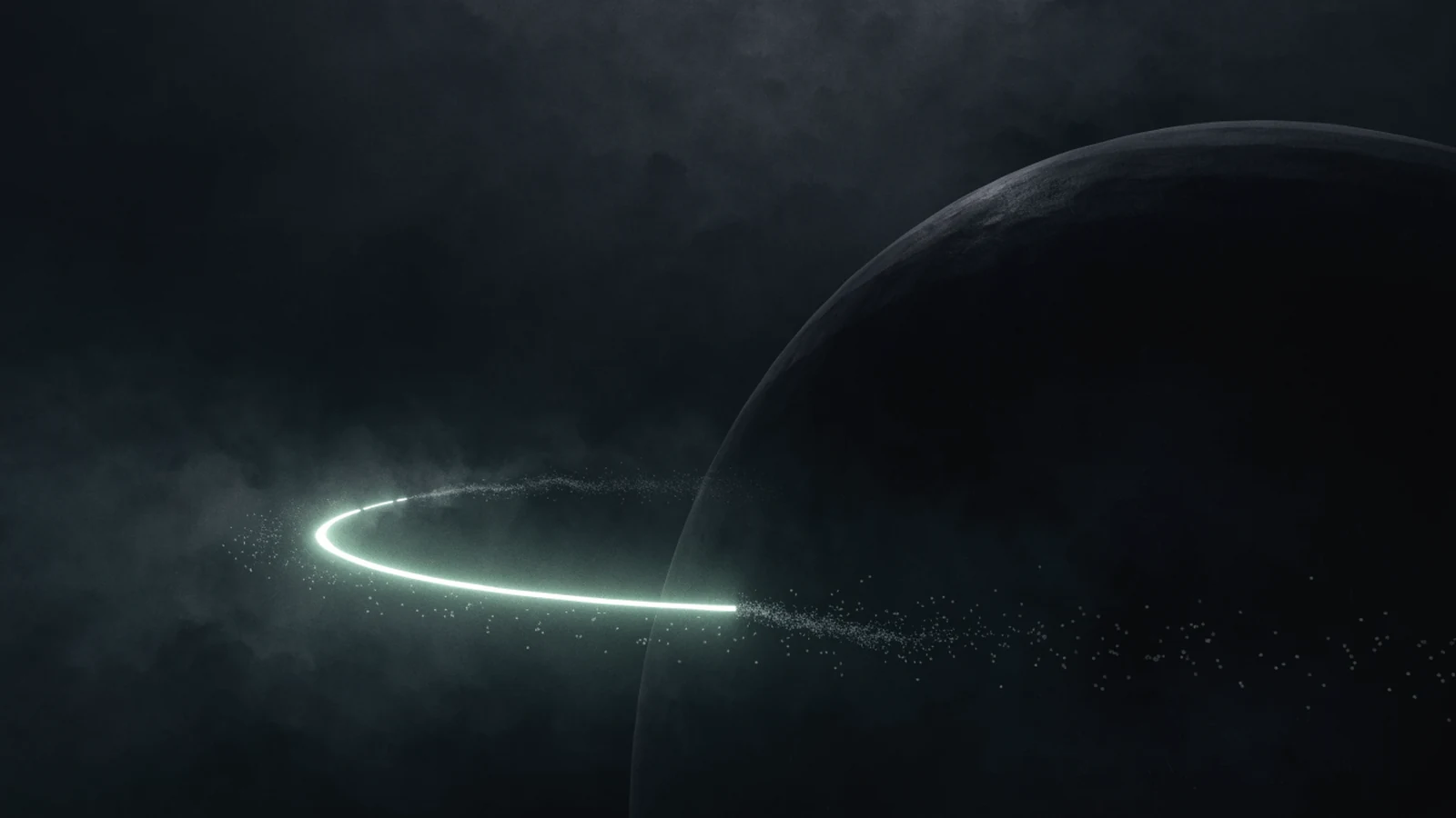 An arc of jade light almost entirely eroded, its last segment dissolving into drifting particles, with a large dark mass waiting beyond where it ends.