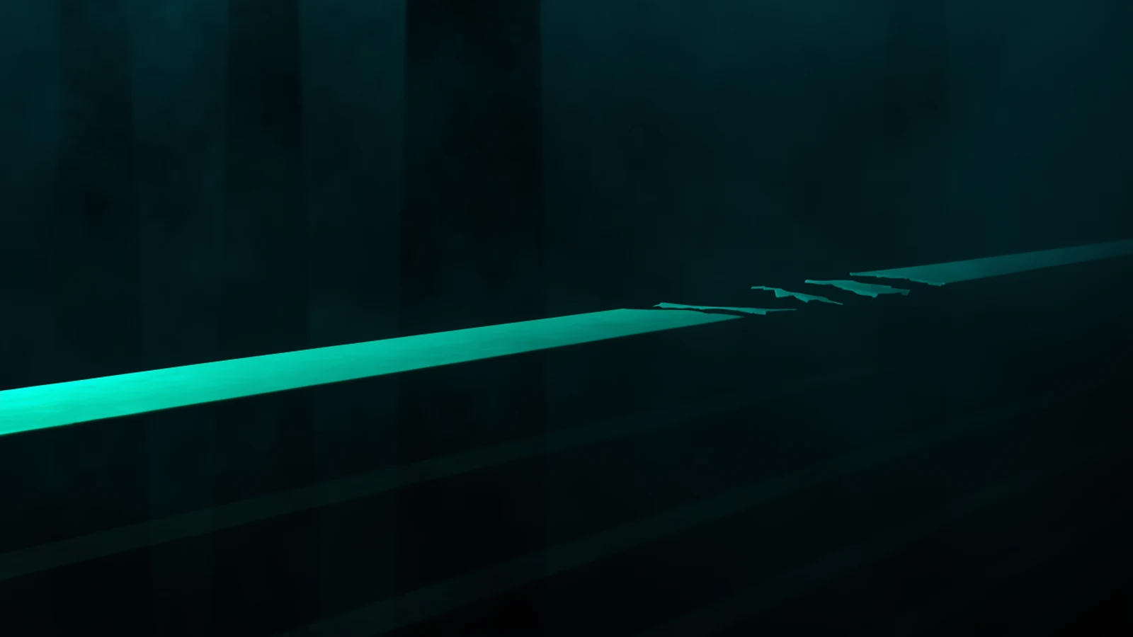 A bridge of jade light crossing a dark void and breaking off abruptly in mid-air, its far fragments drifting apart where the crossing should continue.