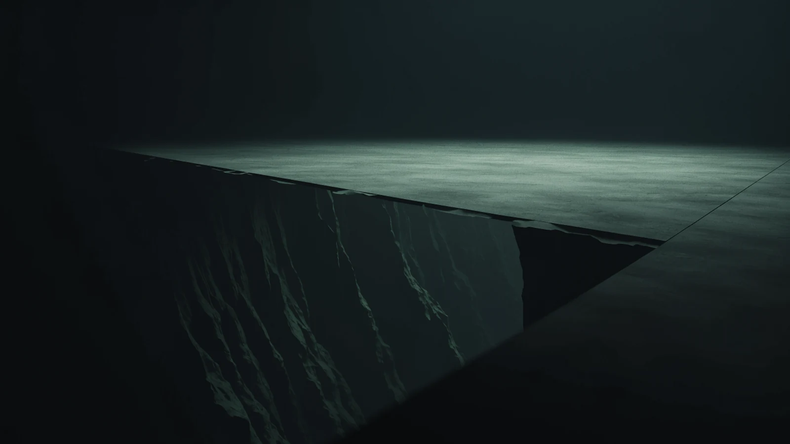 A wide expanse of ordinary pale flooring seen from above, lifted very slightly along one edge to reveal an enormous unlit shaft falling away beneath it.