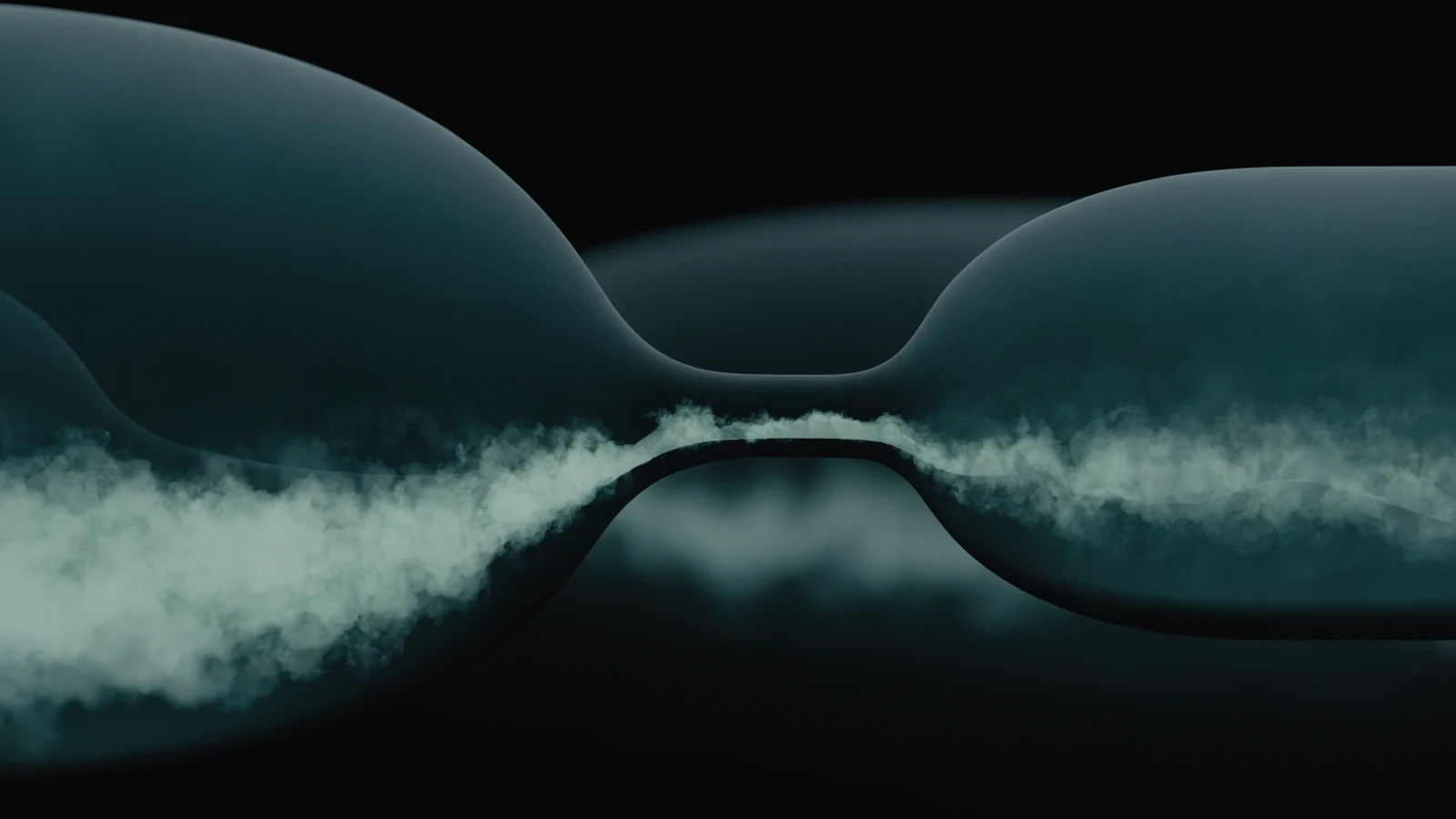 Two dark teal chambers joined by a narrow tapered channel, with pale jade flow passing from one into the other and no way back through the same neck.