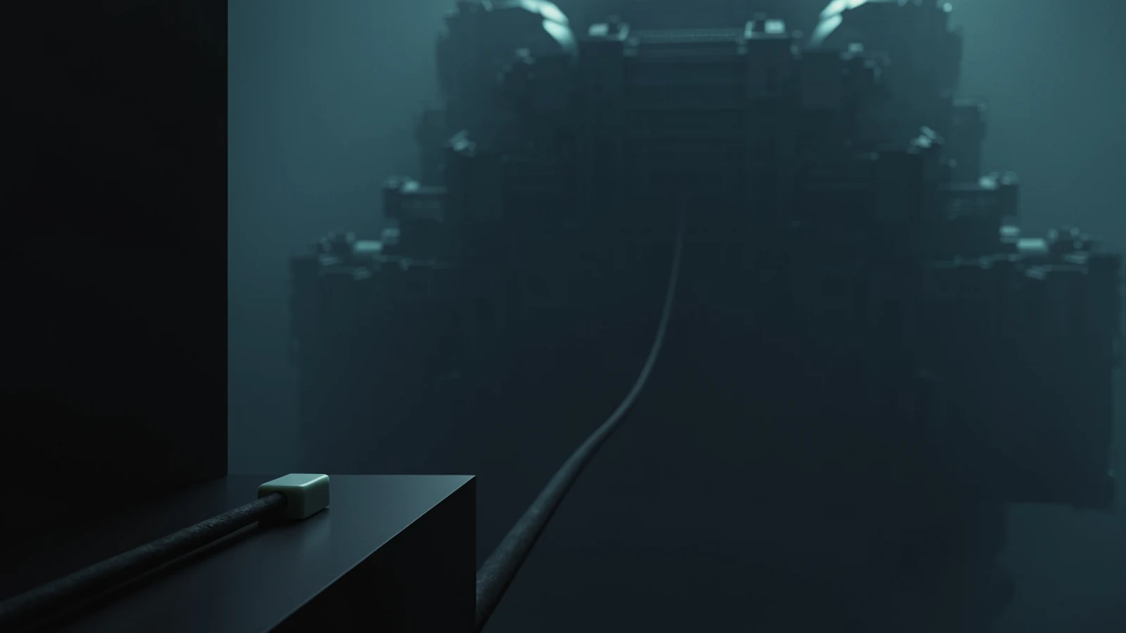 A single small pale switch on a dark wall in the foreground, wired by a heavy cable to an enormous unlit industrial mass filling the far background.