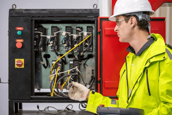 An automation engineer at an industrial control cabinet