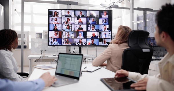 A hybrid Microsoft Teams meeting in a Braintree-run boardroom